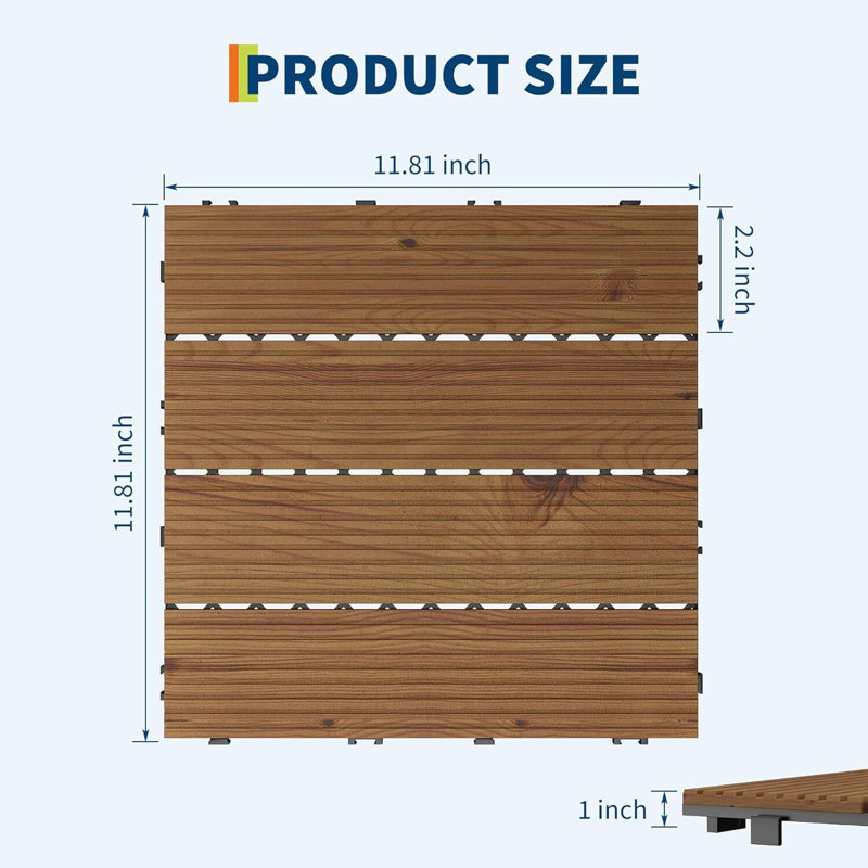 Carreaux de terrasse en bois d'acacia, 12 po x 12 po, emboîtables, Bois brun, 22