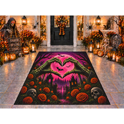 Tapis d'extérieur 5' x 7' avec motifs de cœurs et de mains pour l'Halloween, en PVC épais, imperméable et bouclé, idéal pour terrasse, patio, intérieur et extérieur, séchage rapide, pour porche, balcon ou entrée.