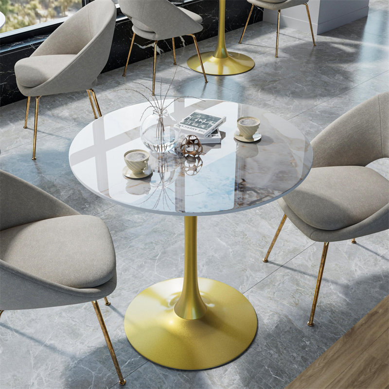 Table bistro de cuisine ronde avec plateau en pierre frittée, Blanc / émeraude, Doré, H 30,9 po x l 30,9 po x P 33,66 po