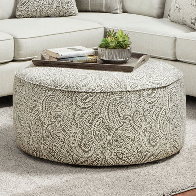 Transitional Style Round Upholstery Ottoman Welt Trim Paisley Pattern Multi Finish