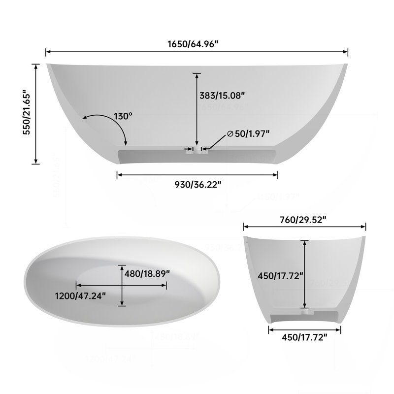 65" Premium Solid Surface Deep Soaking Bathtub, Matte White