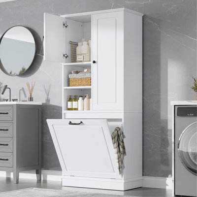 Tall Storage Cabinet With Adjustable Shelves, Large Flip-Out Basket & Enclosed Cabinets – Perfect For Bathroom, Living Room, Or Office, MDF Material With Aluminum Alloy Handles