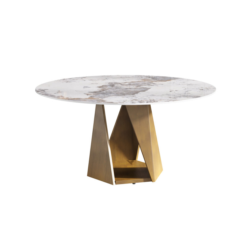 Table de salle à manger ronde en pierre frittée pour 6 à 8 personnes, H 29,53 po x l 53,15 po x P 53,15 po, Blanc, Brun