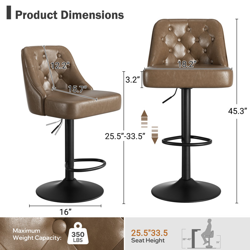 Tabouret de bar rotatif à 360 degrés en faux cuir avec coutures à boutons, Café