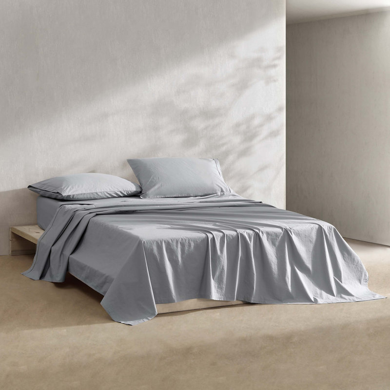 Calvin Klein Washed Cotton Percale Sheet Set, Queen Sheet Set with 2 Pillowcases, Blue Gray