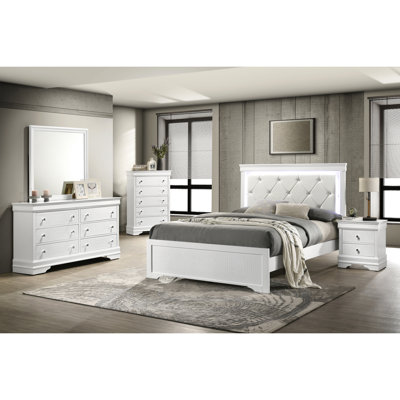 Lit simple de style moderne en blanc avec tête de lit, chambre à coucher à DEL et lumières