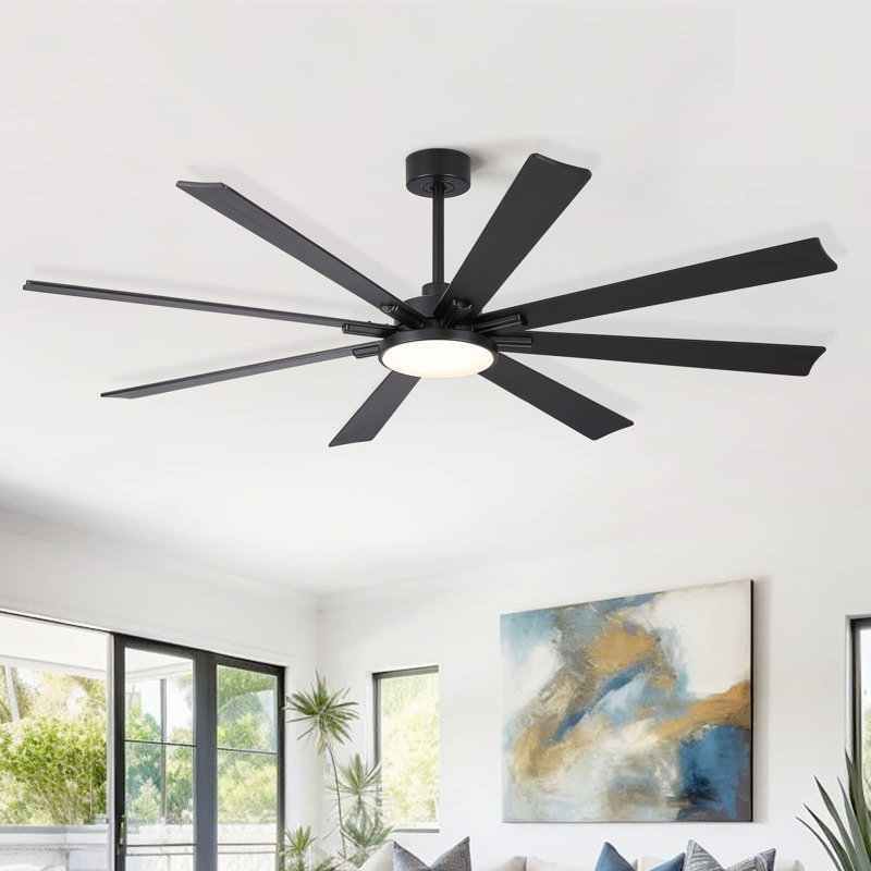 Homegrain 72 Inch Mid-Century Matte Black Finish Black Solid Wood Blades Integrated Led Propeller Ceiling Fan With Light 8 Blades