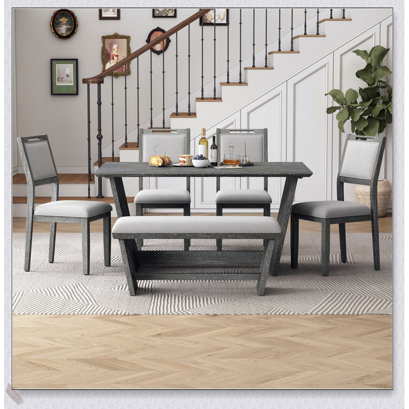 Ensemble de table de salle à manger 6 pièces avec base à tréteaux, table en bois de 60 pouces, 4 chaises et banc pour des réunions de famille douillettes