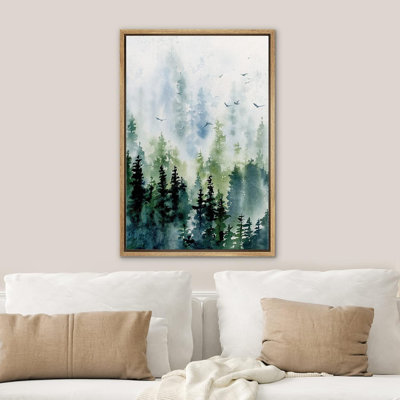 Woodland Forest Landscape Pine Tree Bird In Sky Nature Forest Modern Art Landscape Framed Canvas Print Wall Art