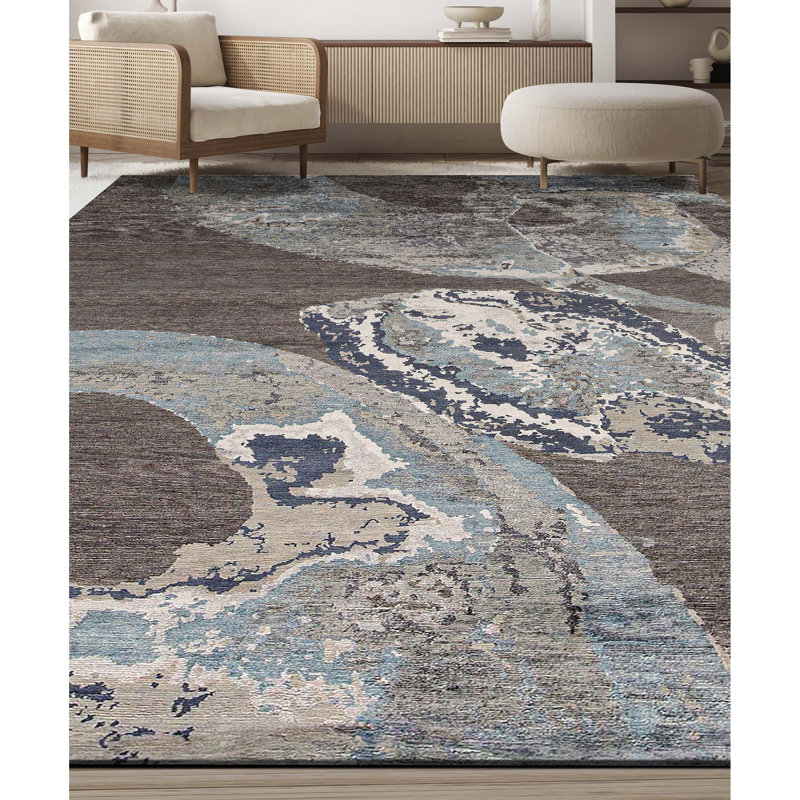 Tapis bleu et gris noué à la main de haute qualité
