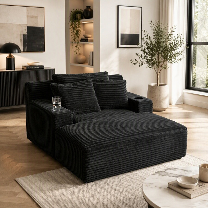 Méridienne de 47,24 pouces de large à l'intérieur, surdimensionnée en flanelle, sans dossier, avec canapé-lit profond, chaises de lecture à canapé-lit profond, canapé-lit en nuage pour le salon, aucun assemblage requis (noir)