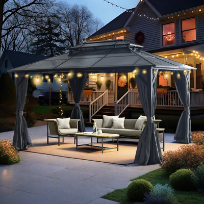 Hardtop Aluminum Outdoor Gazebo with Gray Polycarbonate Double Roof for Patio, Garden, Backyard