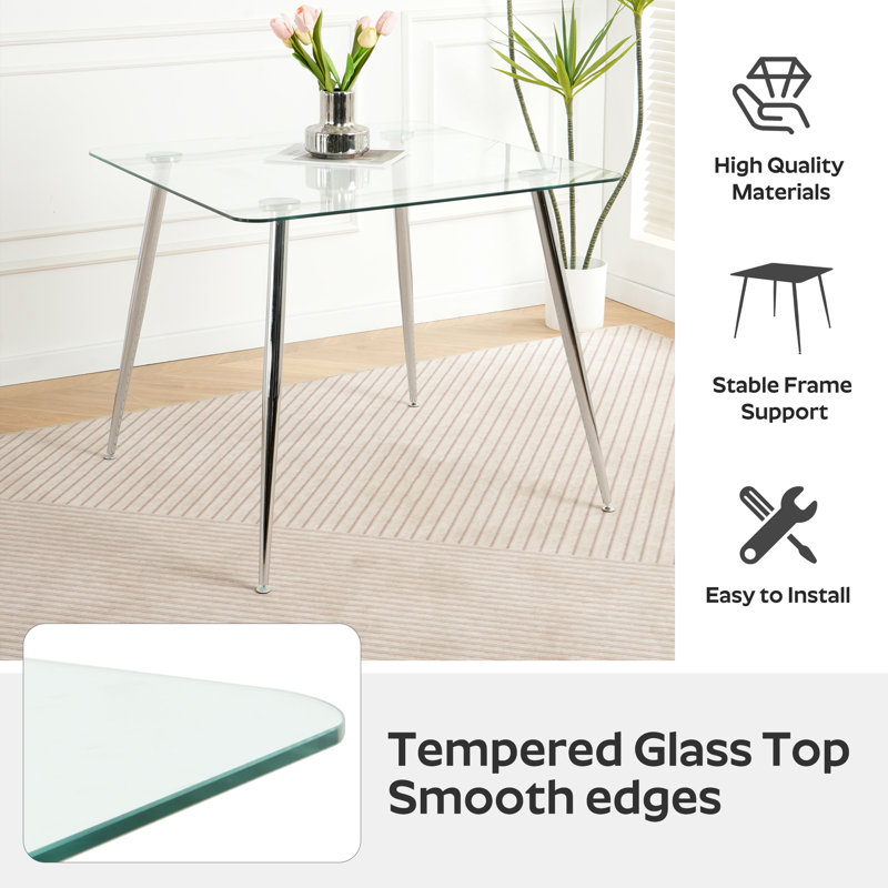 3/5-Piece Dining Set, Glass Table & 2/4 Velvet Chairs, Chrome Table Legs, Modern For Small Space, Kitchen, Dining, 3, White