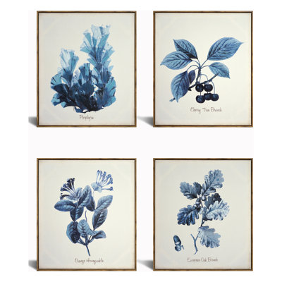 Indigo Botanical Quartet Canvas Wall Art - Natural Wood Frame