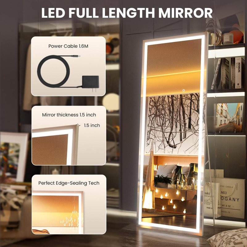Full-length mirror with light, full-length dressing stationary, 64" x 21", Black