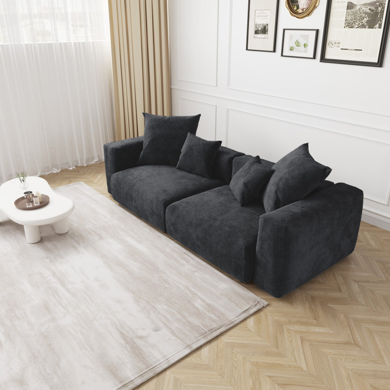 Nikodemos 102.36" W Corduroy Square Arms Sofa , Black