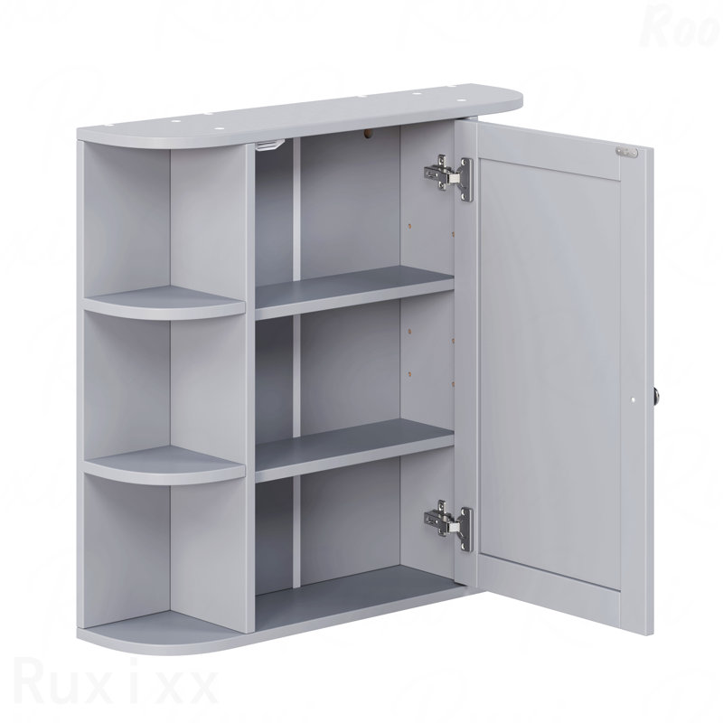 Bathroom Wall Storage Cabinet With Mirror, Medicine Cabinet With Adjustable Wood Shelf & Doors, Mounted Storage Cabinets With 6 Open Shelves, Gray