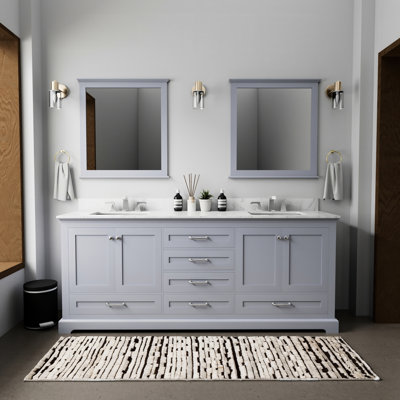 Meuble-lavabo double gris foncé 80 po L 22 po x P - Plateau en marbre, structure en bois massif, fermeture en douceur, surface rayée et teinte, 6 tiroirs, 2 armoires, grand espace de rangement avec surface en bois, tablette ouverte pour
