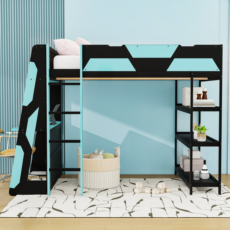 Full Size Wood Loft Bed with Side-Mounted Desk, LED Lights and Built-in Power Outlets, Black/Blue