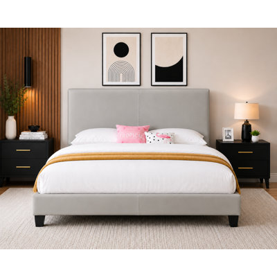 Lit capitonné moderne avec tête de lit ajustable, similicuir gris, double