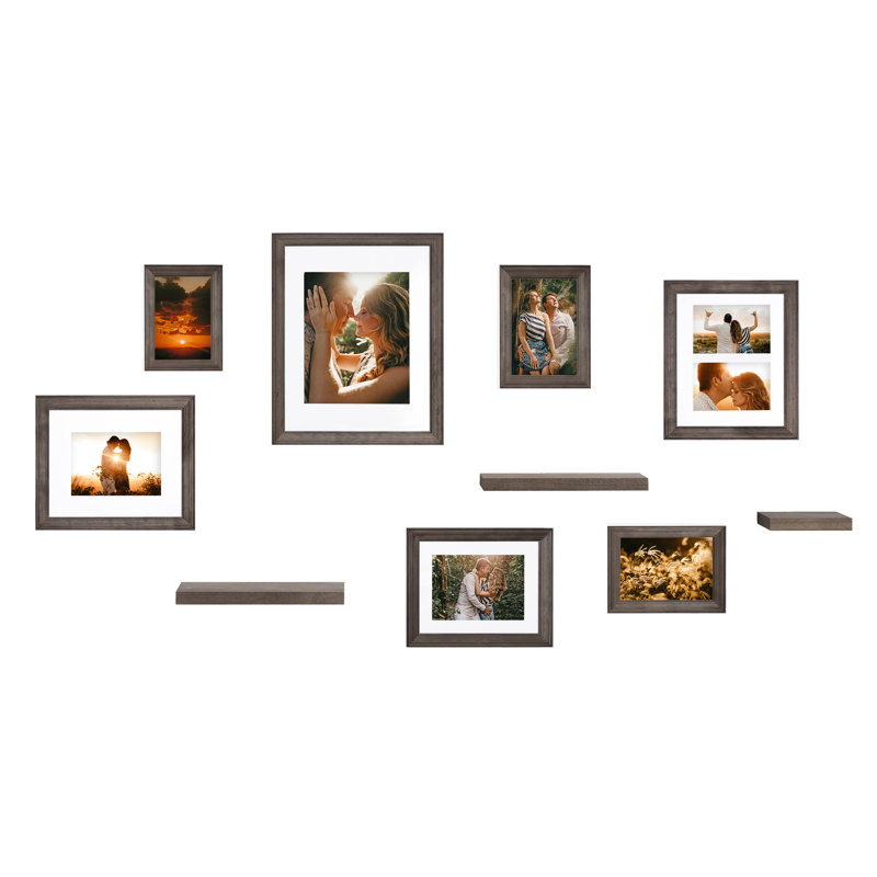 Helf Wood Beveled Picture Frame - Set of 10 with Mat, Gray