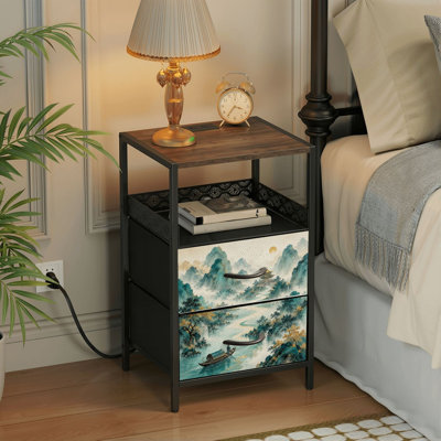 Table de chevet 2 tiroirs avec station de charge, table de chevet pour chambre avec ports USB et amp; Table de chevet noire Outlets