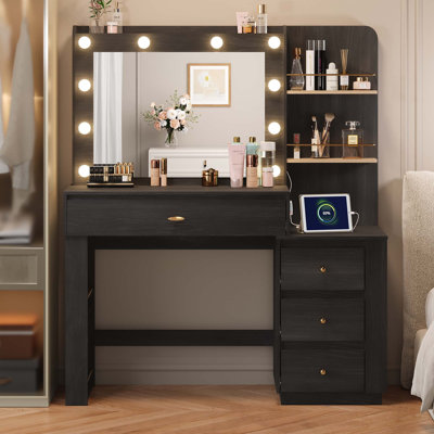 Makeup Vanity Desk With Mirror And 3 Colors Lights, Vanity Table With 10 Led Bulbs & Power Outlet, Large Dressing Table With 4 Drawers, 6 Storage Shelves For Bedroom, Black