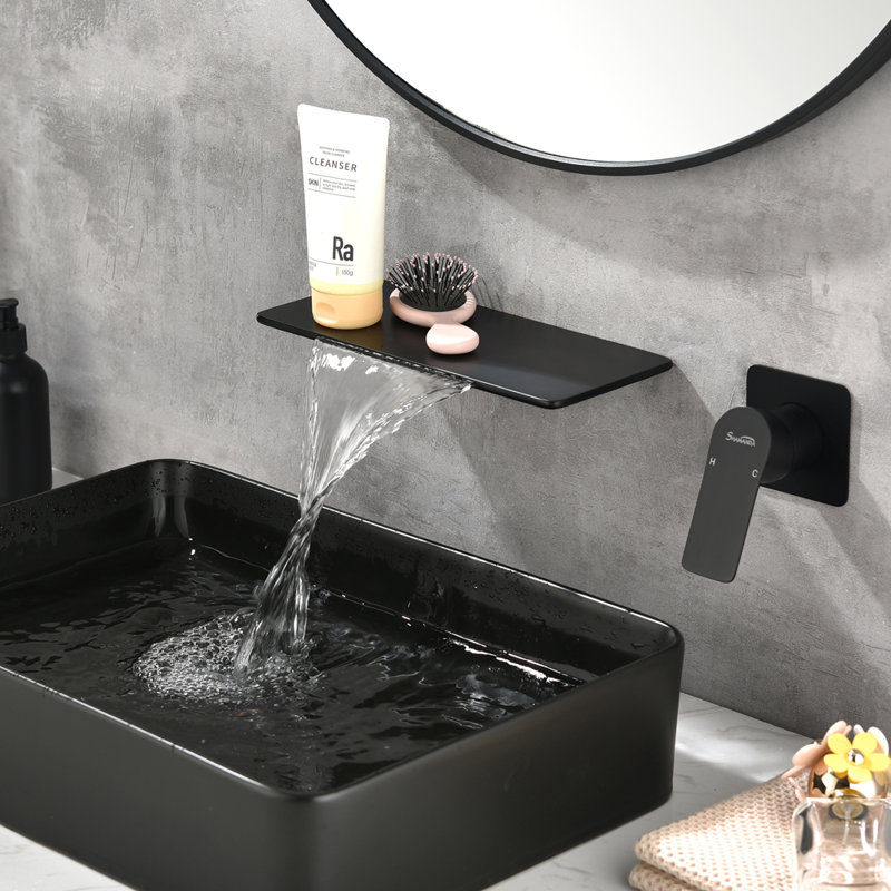 Robinet de lavabo pour salle de bain avec fixation murale, poignée simple, fabrication en laiton massif et finition noir mat pour une utilisation moderne et durable