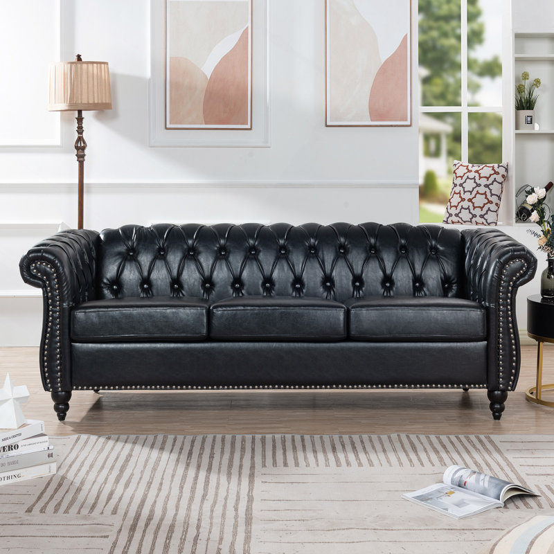 84.65" PU Rolled Arm Chesterfield Three Seater Sofa, Black