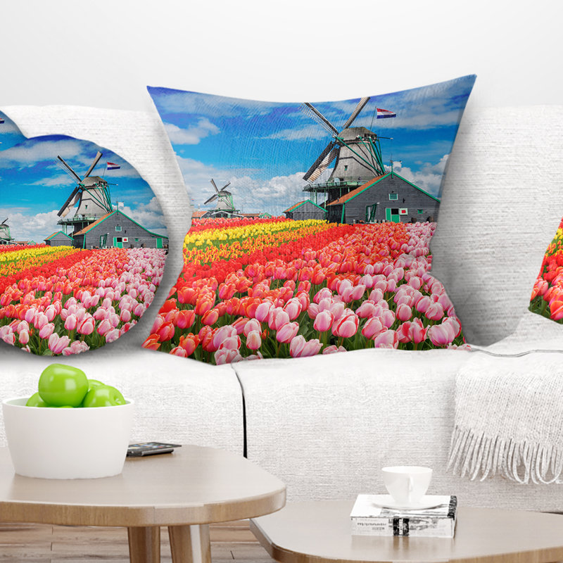 Dutch Windmills and Garden - Coussin imprimé abstrait, 16 po x 1 po, Coussin décoratif