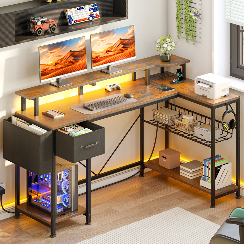 L-Shaped Metal Base Computer Desk with Power Outlet, Brown/Black, 92cm. H x 120cm. W x 50cm. D