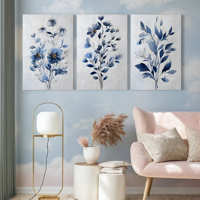 Toile murale encadrée à motif floral botanique bleu (lot de 3), H 18 po x l 36 po