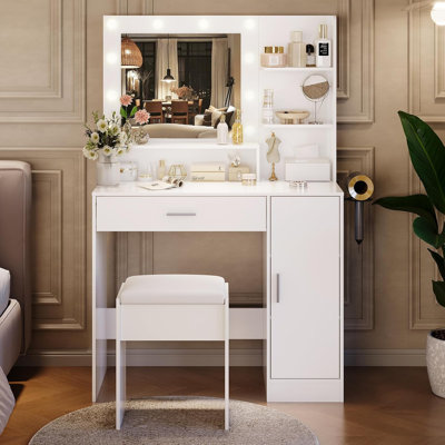 Vanity Desk with Mirror and LED Bulbs, Modern Makeup Dressing Table with Power Outlet, Storage Shelve, Hairdryer Rack & Cushioned Stool, Adjustable 3 Lighting Modes, Vanity Set for Bedroom