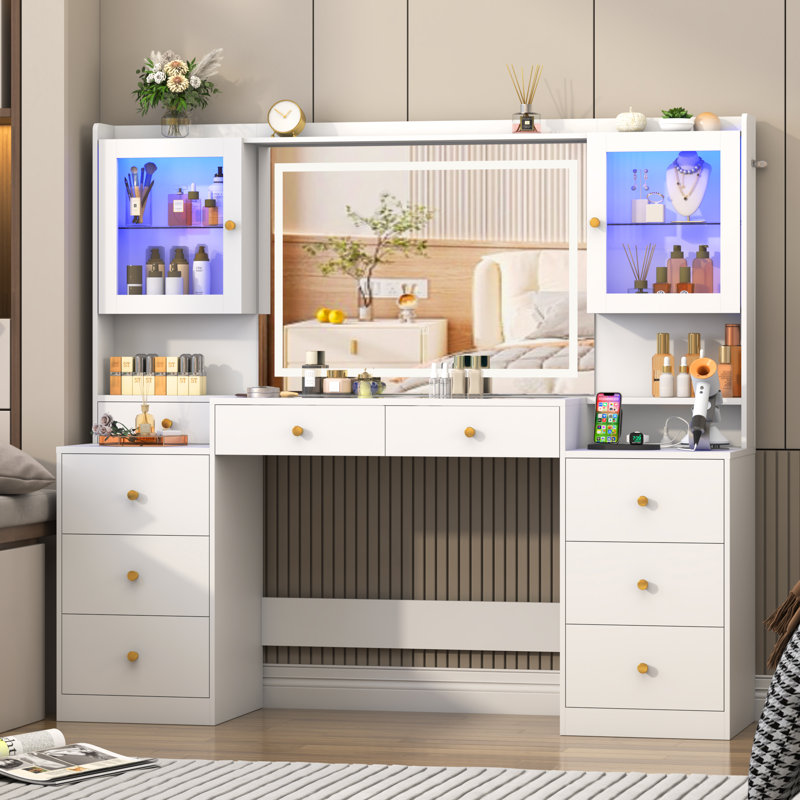 62" Vanity Desk With Lighted Mirror, Tempered Glass Top, Power Outlet, 9 Drawers, And 2 RGB Lighted Cabinet, White