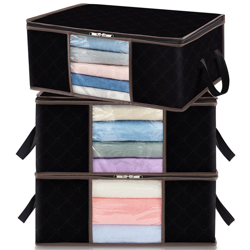 Organisateur de placard pour sac de rangement de vêtements pliable avec poignée renforcée et fenêtre transparente en tissu robuste pour chandails, manteaux, t-shirts, couvertures, paquet de 3, noir