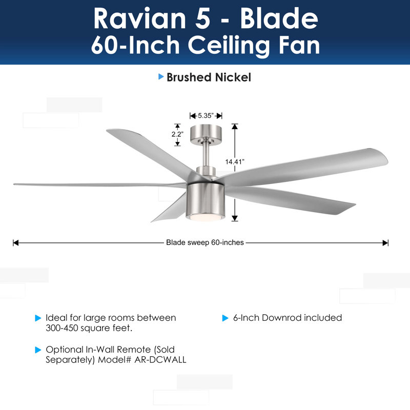 RAVIAN 5-Blade Ceiling Fan With Remote and Dimmable Light, Brushed Nickel, 60"