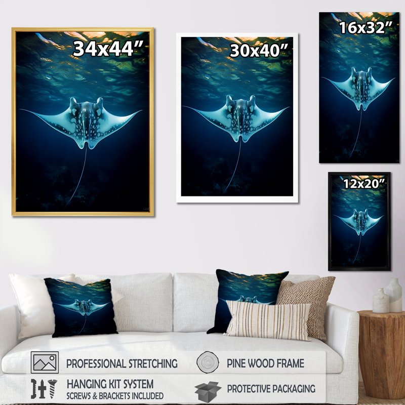 Manta géant bleu océanique - reproduction d'art mural plage et océan, Toile tendue, H 32 po x l 16 po x P 1 po
