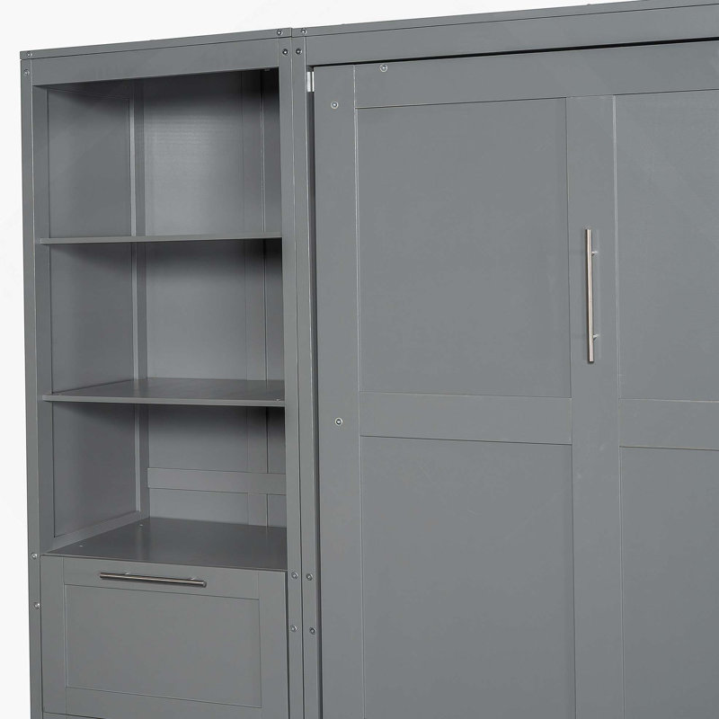 Lit escamotable grand format VARELON avec placard, tiroirs et tablettes, Gris