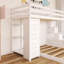 Lit superposé simple au-dessus de double avec cadre en bois avec tablettes à 3 niveaux, tiroirs et escalier de rangement-384576472