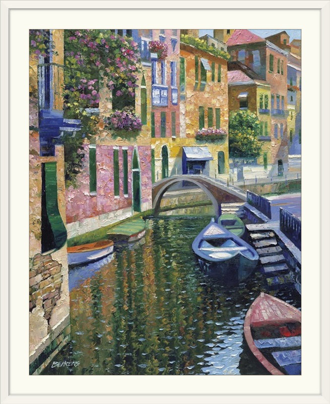 « canal romantique », reproduction d’art Howard Behrens, Cadre blanc, H 32 po x l 27 po x P 1 po