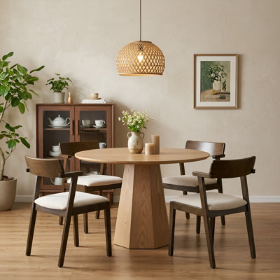 5-Piece Dining Set Mid-Century Modern Round Wooden Table & Upholstered Chair Set For Home, Kitchen, Dining Room