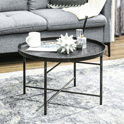 Table basse ronde en métal martelé de 24 po pour le salon et la chambre à coucher. Design rétro, finition métallique brossée à la main, patins réglables, stable, capacité de 110 lb, avec décoration de surface.