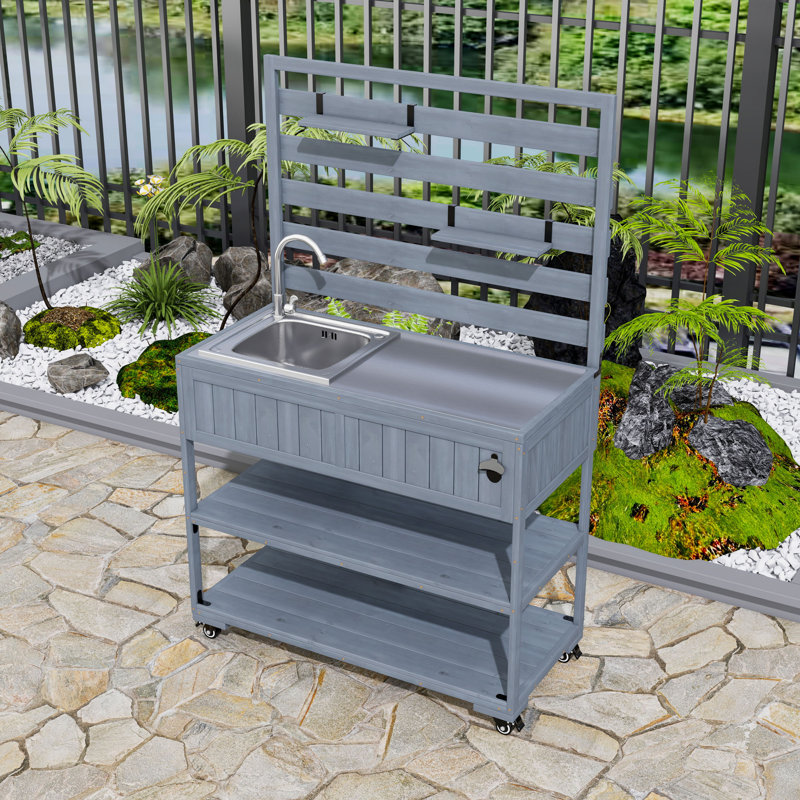 Îlot de cuisine pour patio avec plateau et tablettes en acier inoxydable, Gris