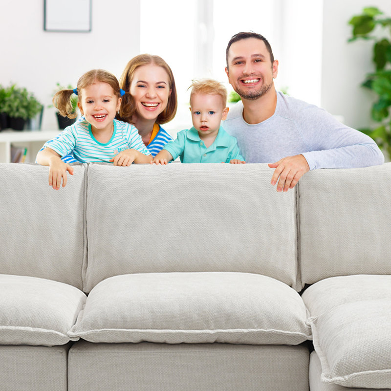 Balendin Beige U-shaped modular sofa, 2 Movable Ottomans, Linen Sectionals, Beige Linen