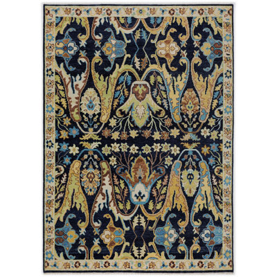 Multi Size Hand Knotted Wool Navy Mint Oushak Arts & Crafts Area Rug