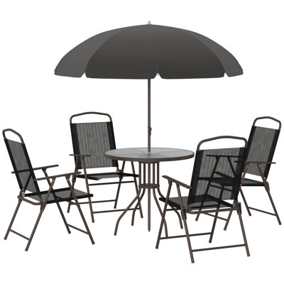 Ensemble repas de terrasse pour 4 personnes - Noir. Table et chaises d'extérieur avec parasol. Revêtement respirant et pliable. Parfait pour le jardin, la cour ou la piscine. Résistant aux vibrations. Dimensions : 52 cm (l) x 65 cm (p) x 91,6 cm (h). Profondeur : 80 cm. Hauteur : 69 cm.