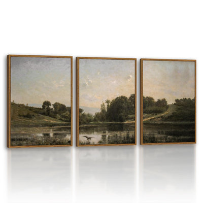 Vintage Framed Landscape Wall Art Set of 3 12x16 Countryside Lake Canvas Painting, Rustic Tranquil Hillside Meadow Views Nature Scenery Print, Classic Pastoral Living Room Bedroom Farmhouse Decor