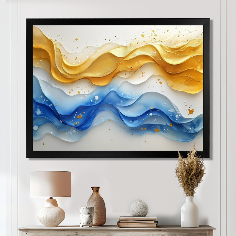 «Blue Yellow Dream Lines I - vagues côtières», art mural, H 30 po x l 40 po, Cadre simple, Noir