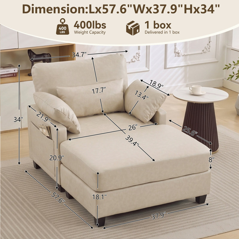 Fauteuil en cuir avec repose-pieds l 37,8 po, Beige Leather
