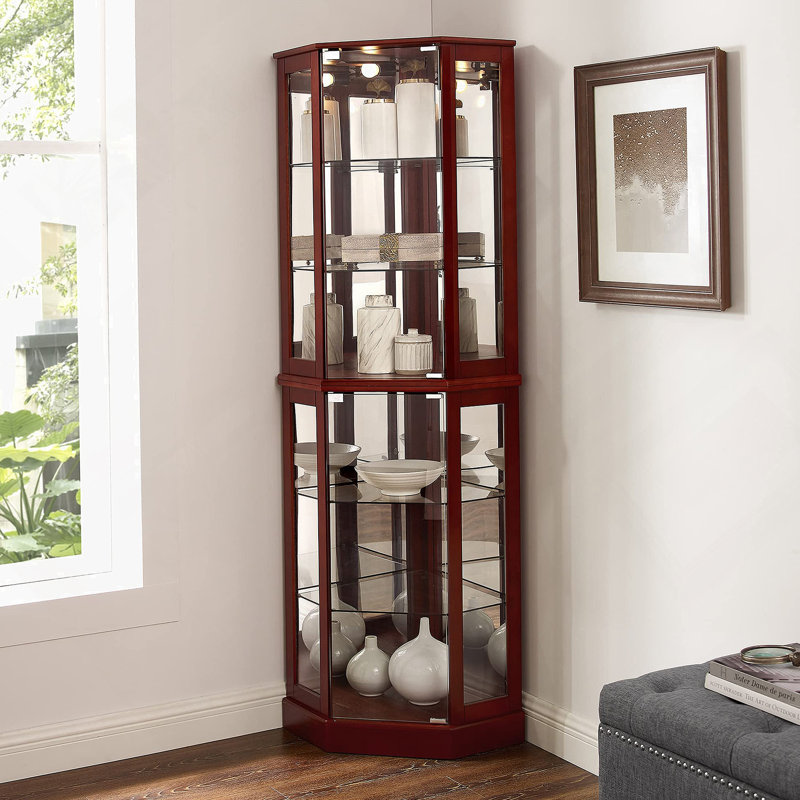 6 Shelf Corner Curio Display Cabinet With Lights, Mirrors And Adjustable Shelves, Cherry